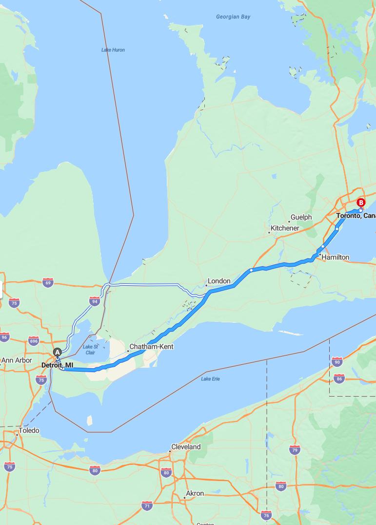 driving from Detroit, Michigan to TorontoOntario - map and route