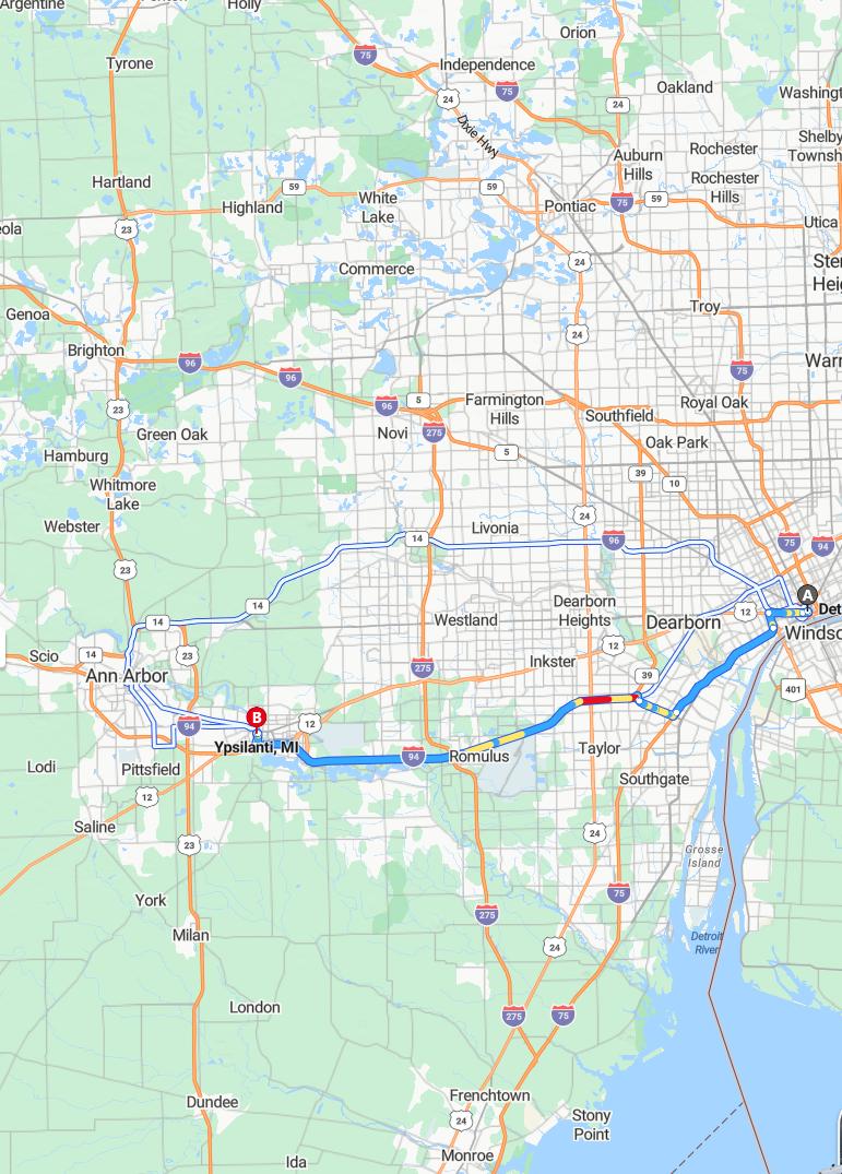 driving from Detroit, Michigan to YpsilantiMichigan - map and route