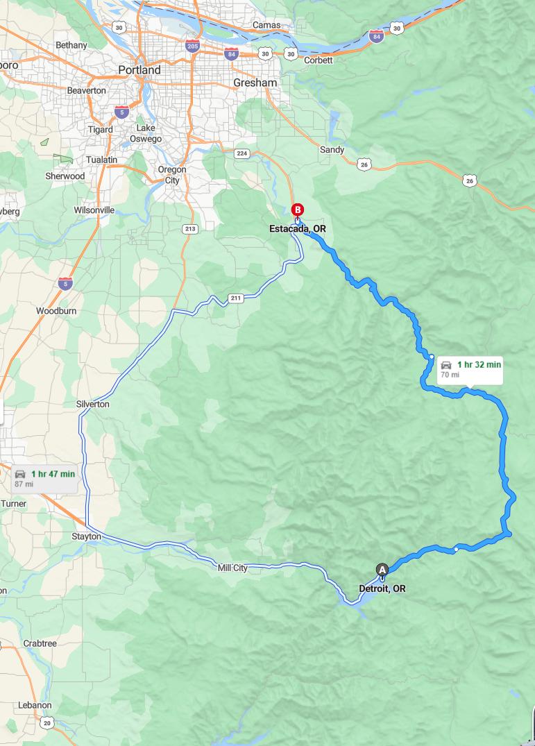 driving from Detroit, Oregon to EstacadaOregon - map and route