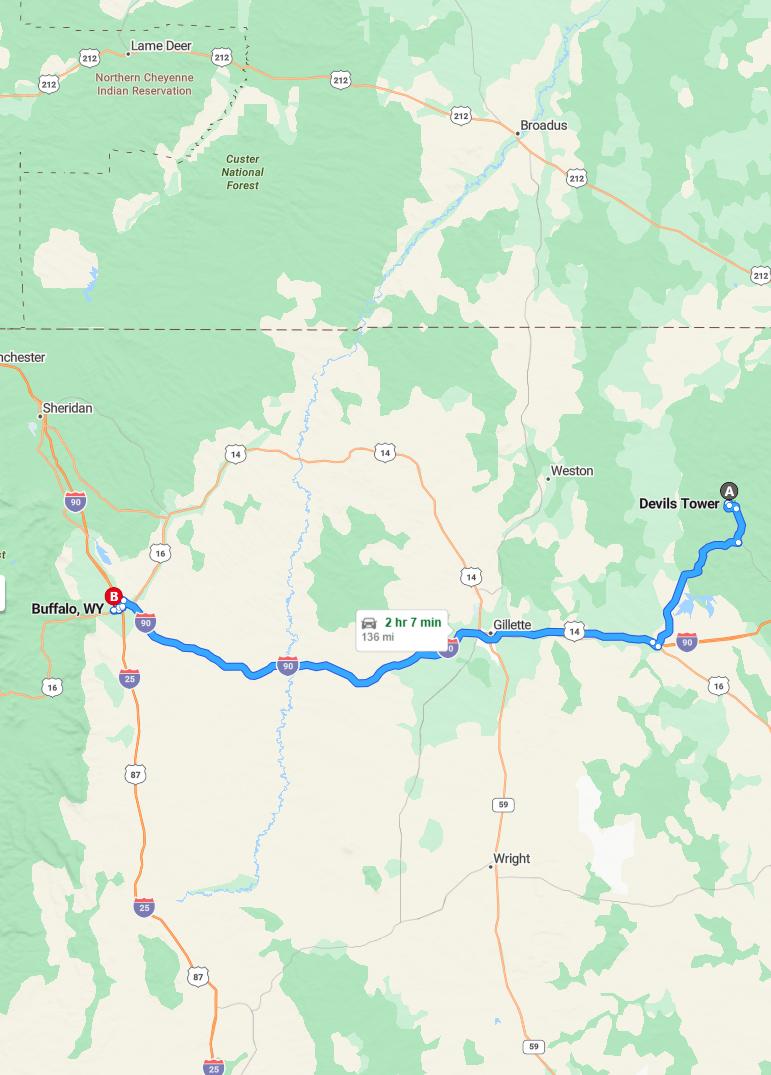 driving from Devils Tower, Wyoming to BuffaloWyoming - map and route