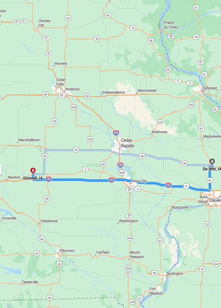 driving from DeWitt, Iowa to GrinnellIowa - map and route