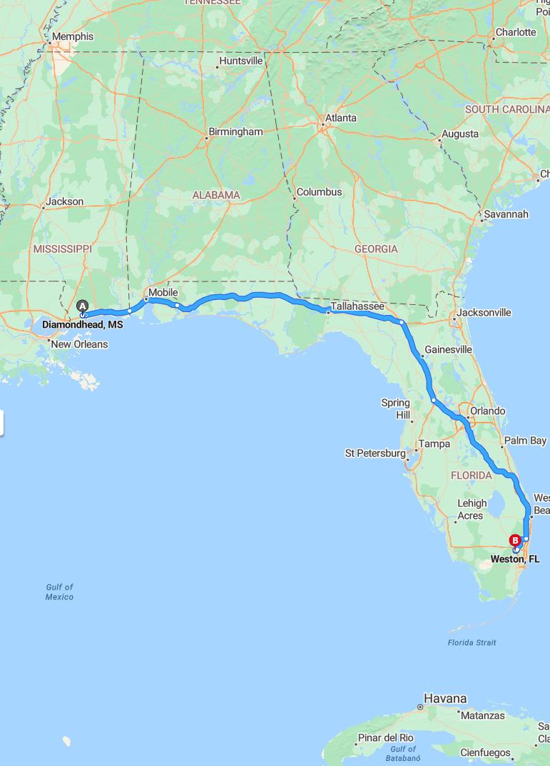 driving from Diamondhead, Mississippi to WestonFlorida - map and route