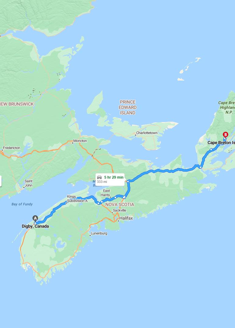 driving from Digby, Nova Scotia to Cape BretonNova Scotia - map and route