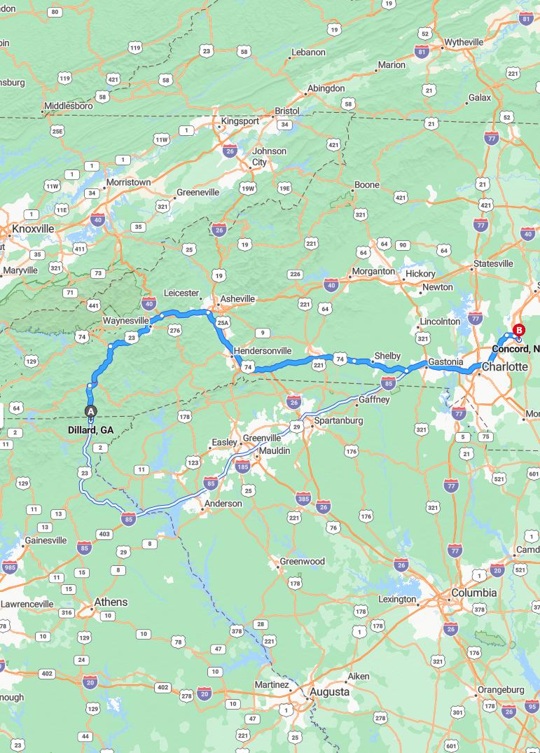 driving from Dillard, Georgia to ConcordNorth Carolina - map and route