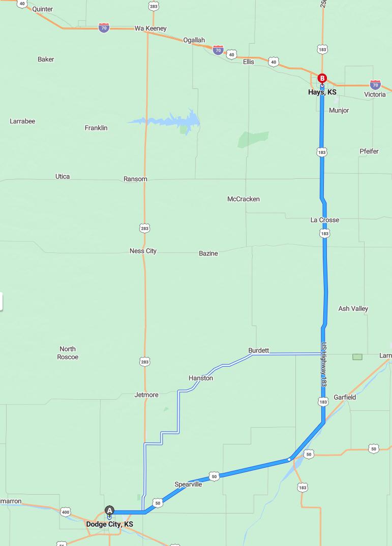 driving from Dodge City, Kansas to Hays CityKansas - map and route