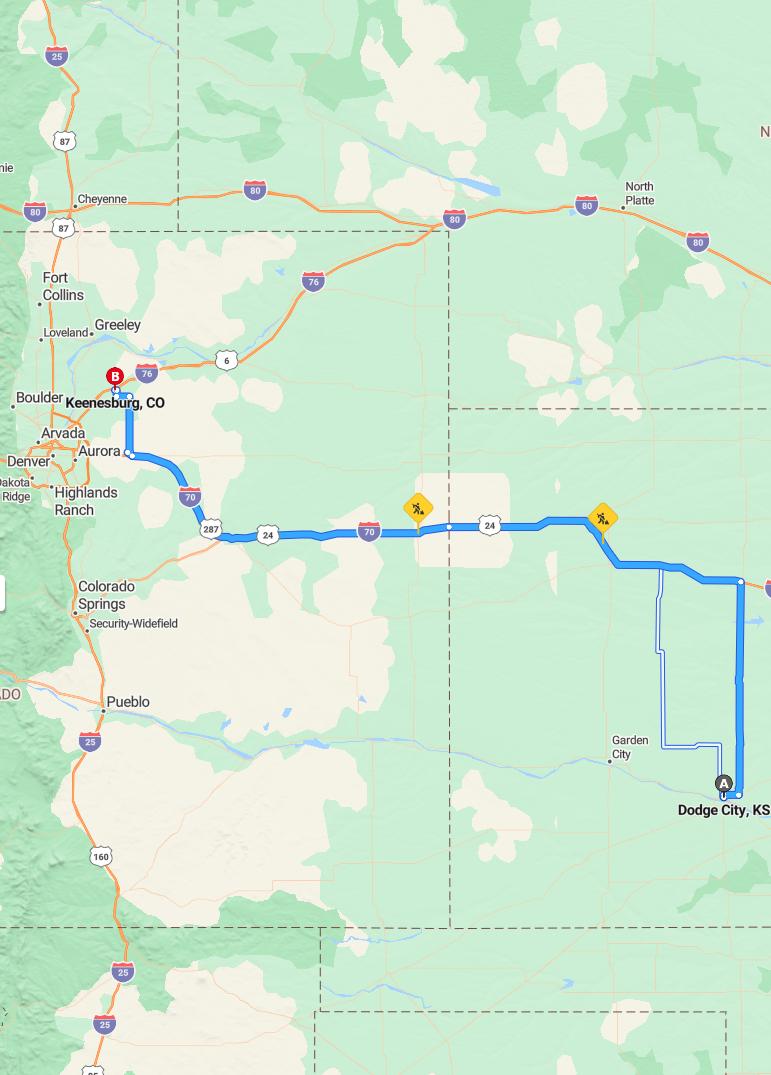 driving from Dodge City, Kansas to KeenesburgColorado - map and route