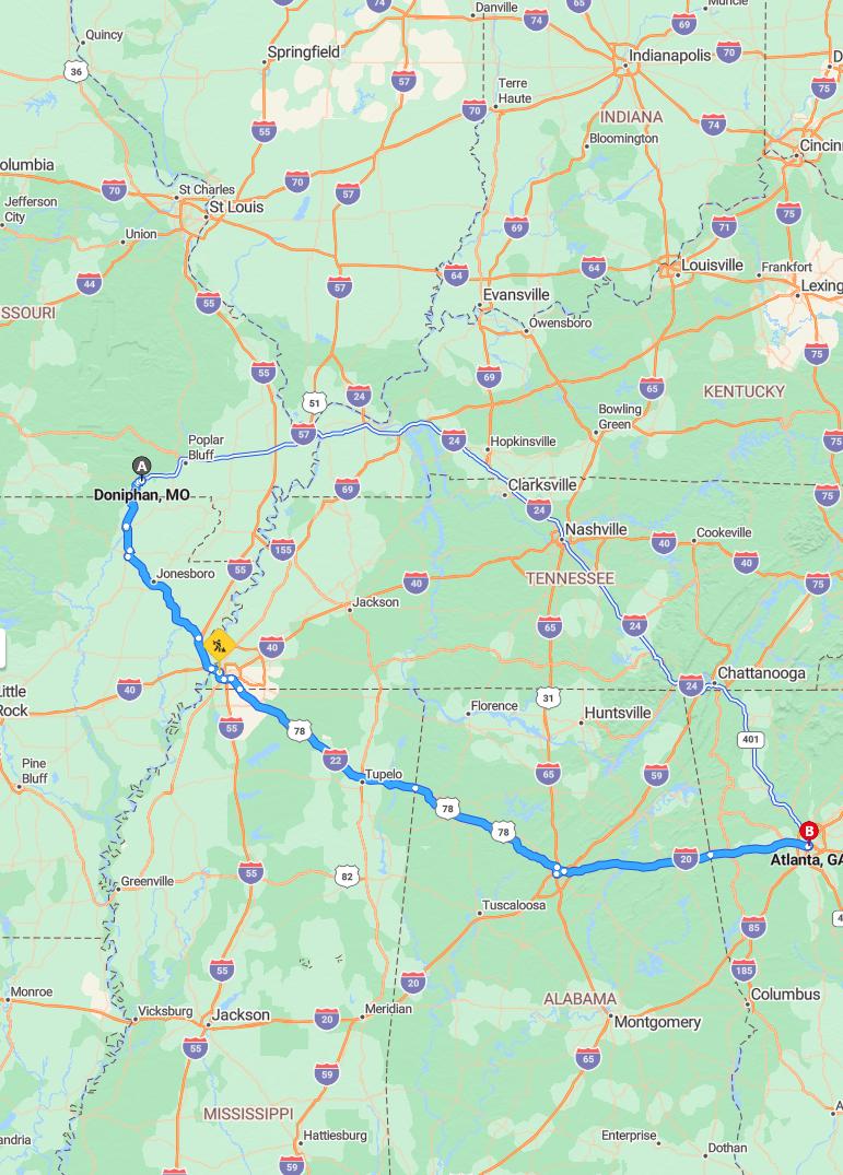 driving from Doniphan, Missouri to AtlantaGeorgia - map and route