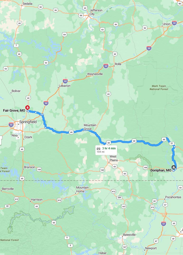 driving from Doniphan, Missouri to Fair GroveMissouri - map and route