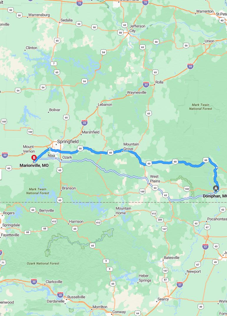 driving from Doniphan, Missouri to MarionvilleMissouri - map and route