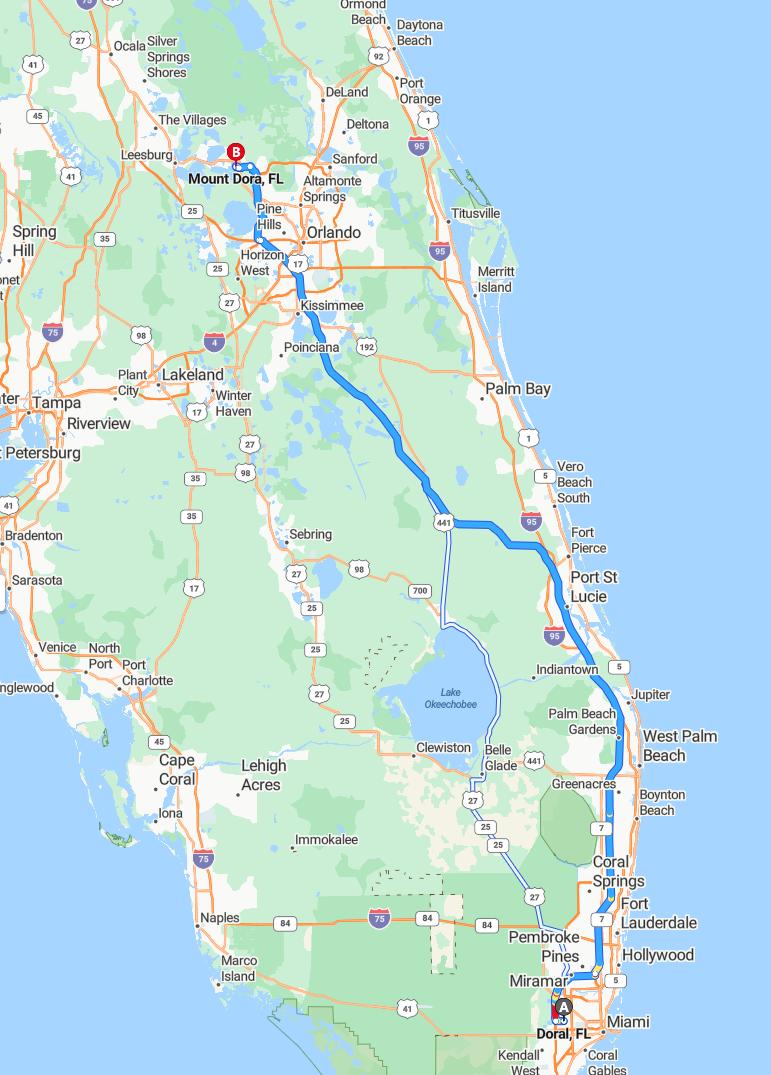 driving from Doral, Florida to Mount DoraFlorida - map and route