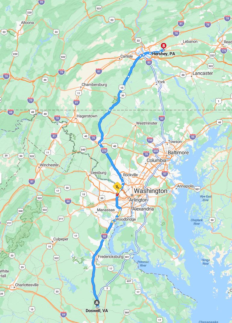 driving from Doswell, Virginia to HersheyPennsylvania - map and route