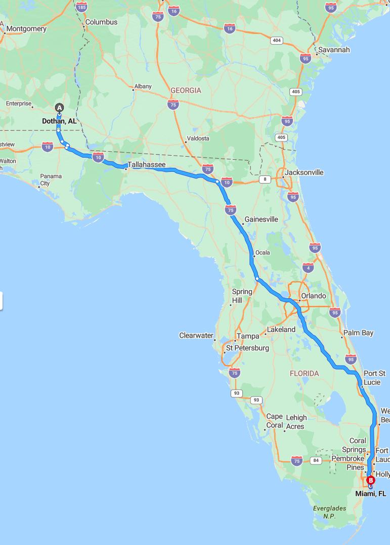 driving from Dothan, Alabama to MiamiFlorida - map and route