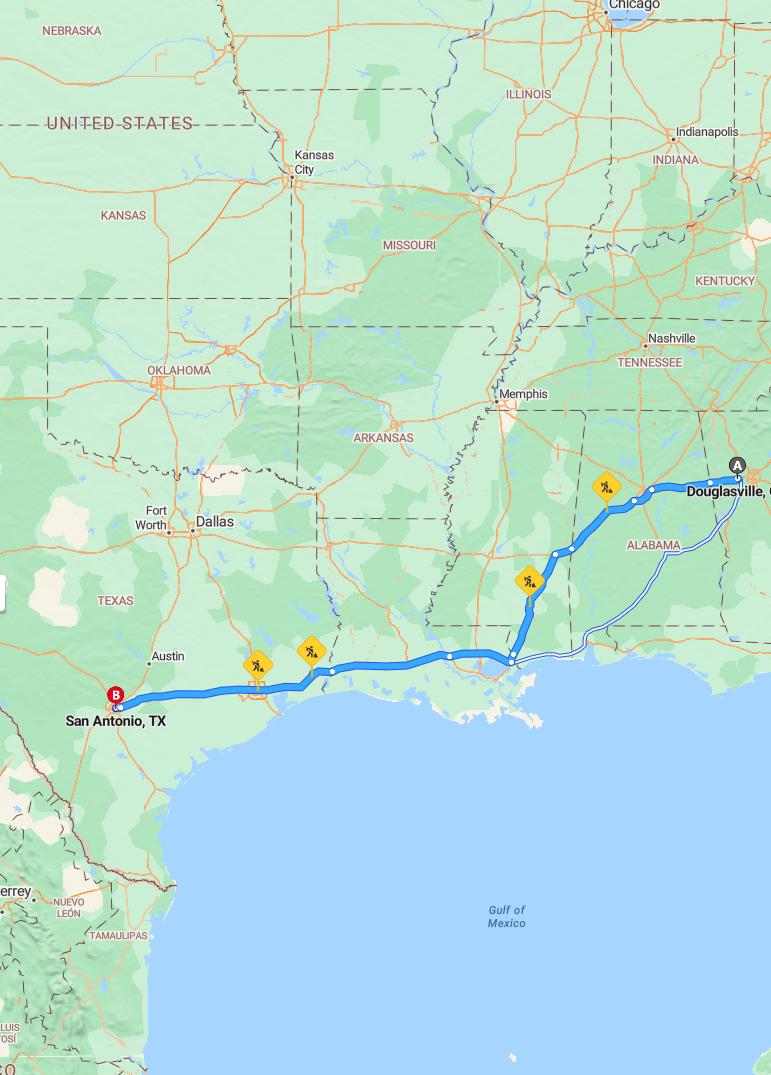 driving from Douglasville, Georgia to San AntonioTexas - map and route