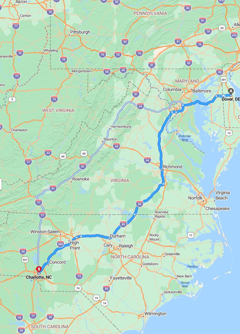 driving from Dover, Delaware to CharlotteNorth Carolina - map and route