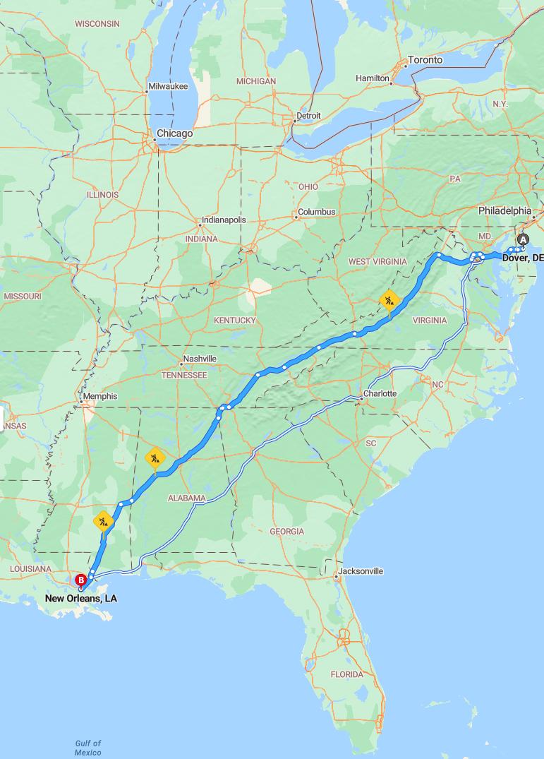 driving from Dover, Delaware to New OrleansLouisiana - map and route