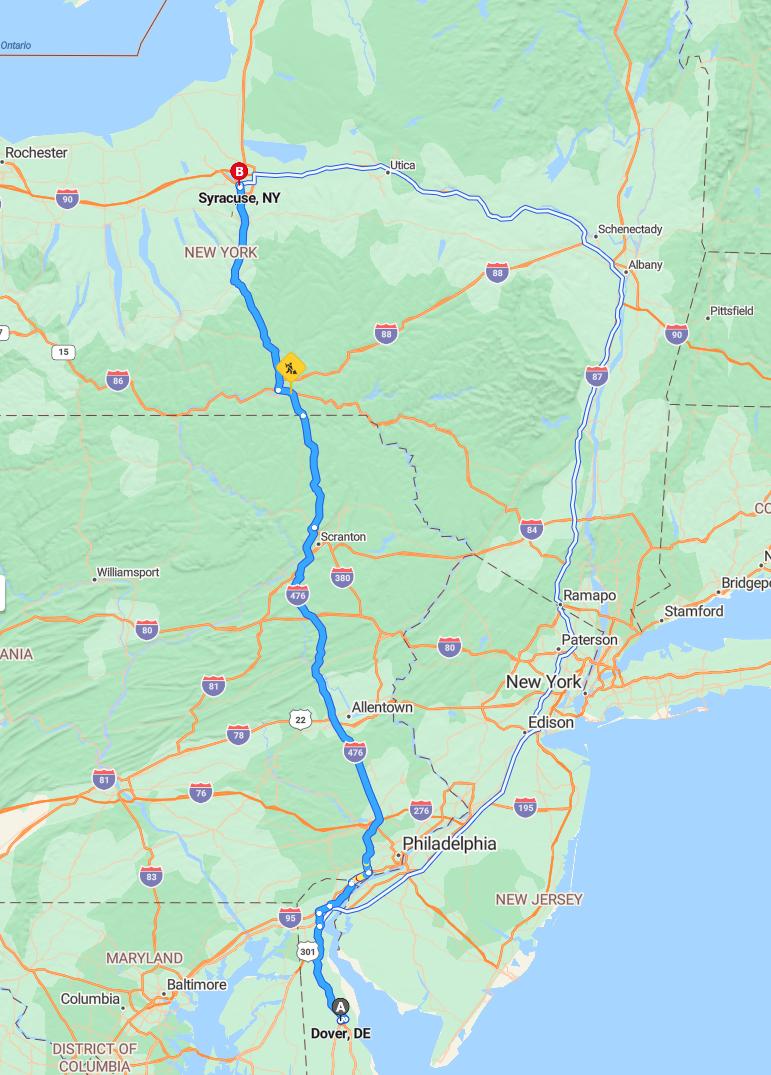 driving from Dover, Delaware to SyracuseNew York - map and route