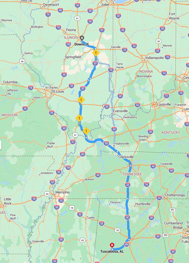 driving from Downs, Illinois to TuscaloosaAlabama - map and route