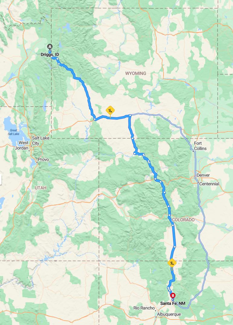 driving from Driggs, Idaho to Santa FeNew Mexico - map and route
