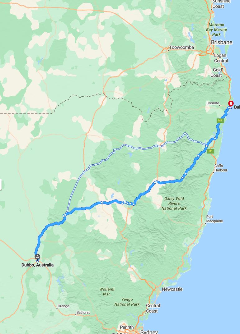 driving from Dubbo, New South Wales to BallinaNew South Wales - map and route