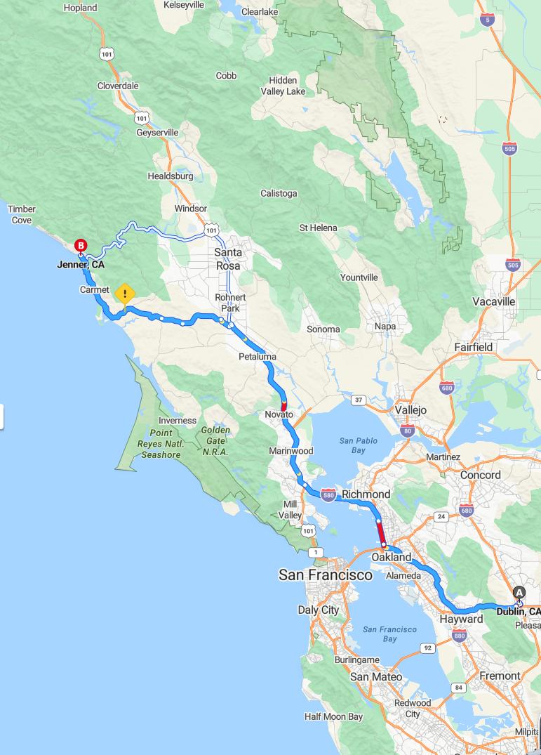 driving from Dublin, California to JennerCalifornia - map and route
