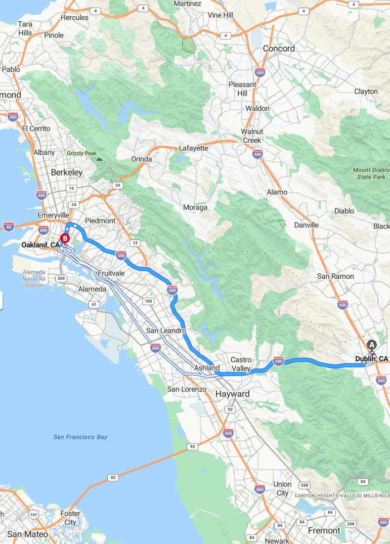 driving from Dublin, California to OaklandCalifornia - map and route