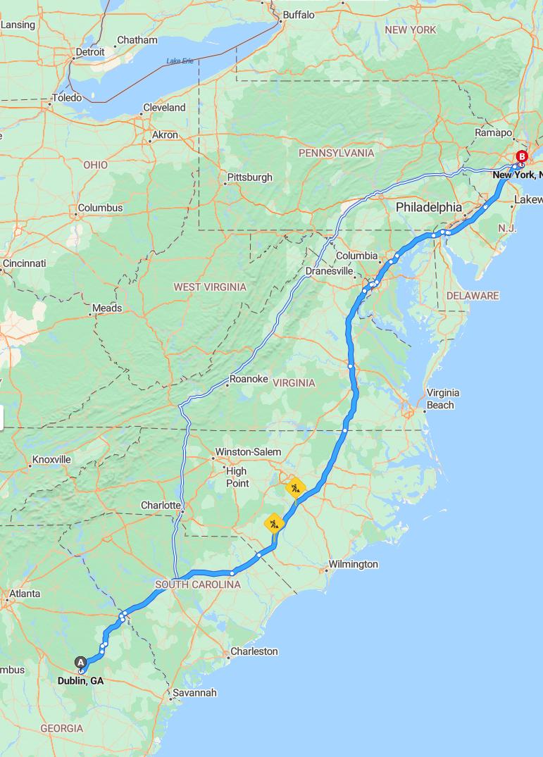 driving from Dublin, Georgia to New York CityNew York - map and route