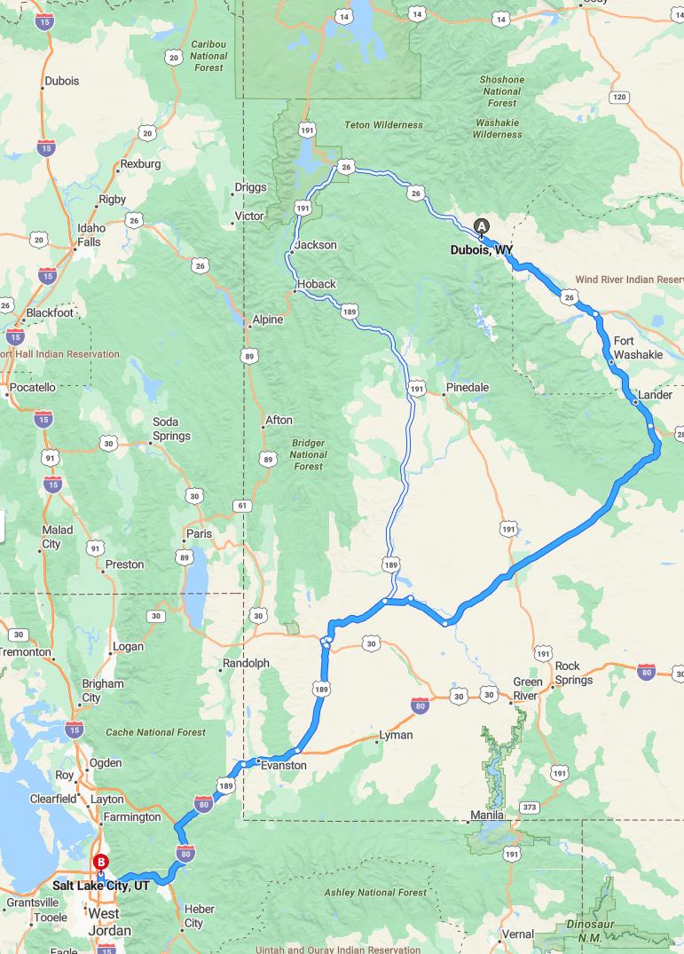 driving from Dubois, Wyoming to Salt Lake CityUtah - map and route