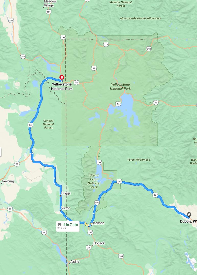 driving from Dubois, Wyoming to Yellowstone National ParkWyoming - map and route