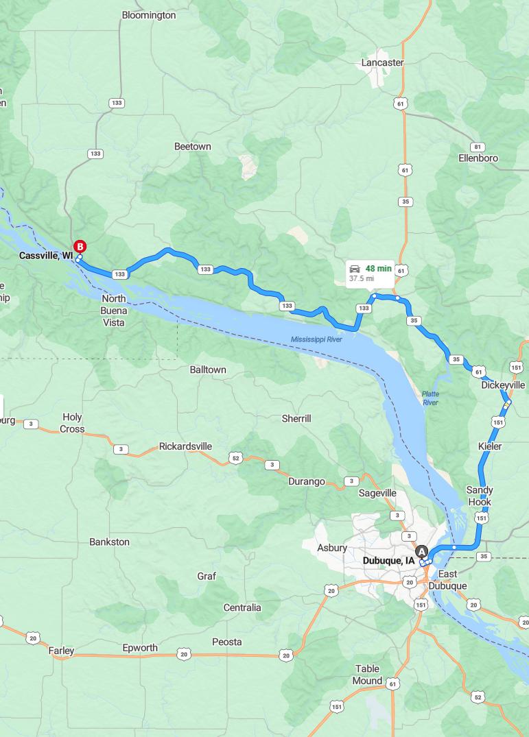 driving from Dubuque, Iowa to CassvilleWisconsin - map and route