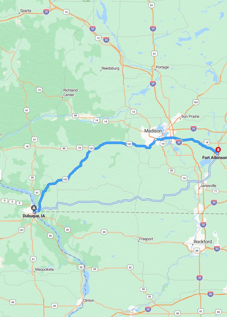 driving from Dubuque, Iowa to Fort AtkinsonWisconsin - map and route