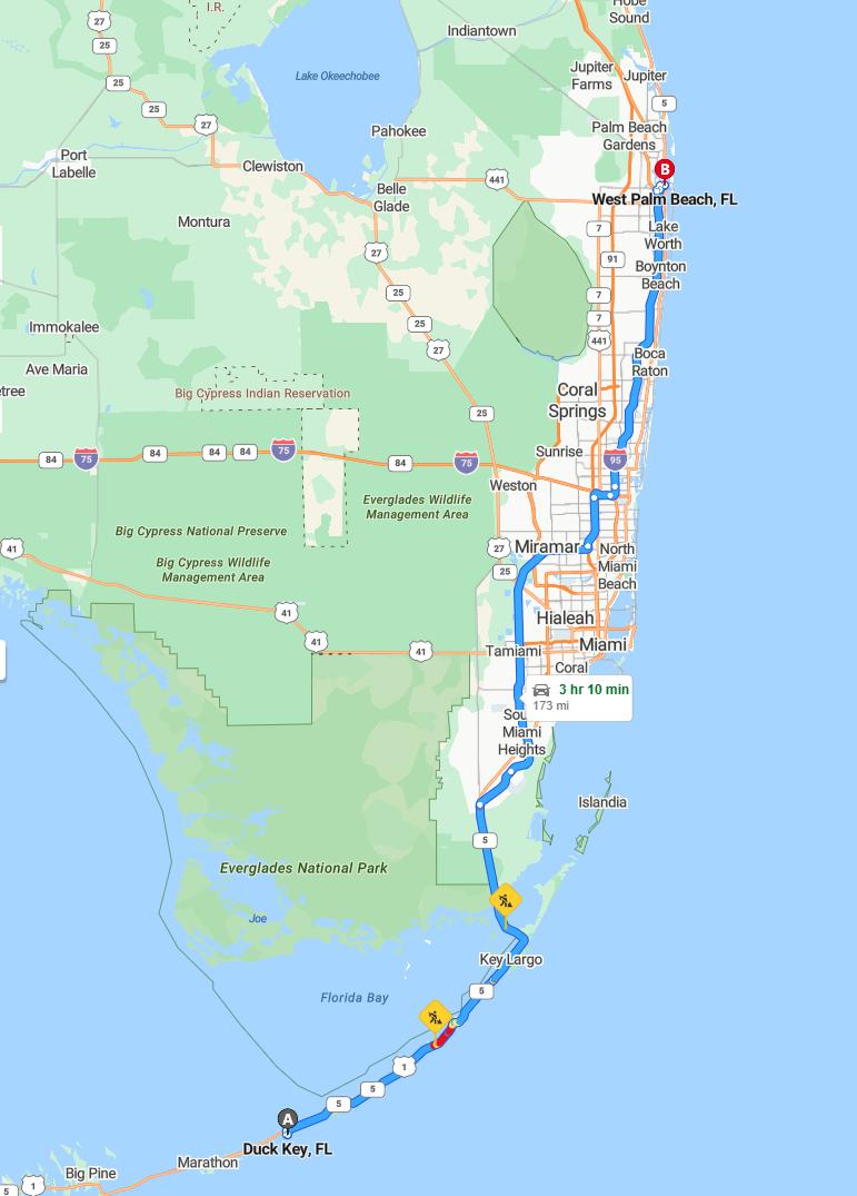 driving from Duck Key, Florida to West Palm BeachFlorida - map and route