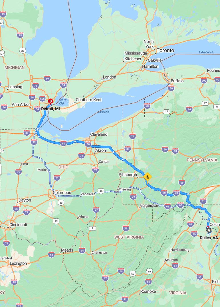 driving from Dulles, Virginia to DetroitMichigan - map and route