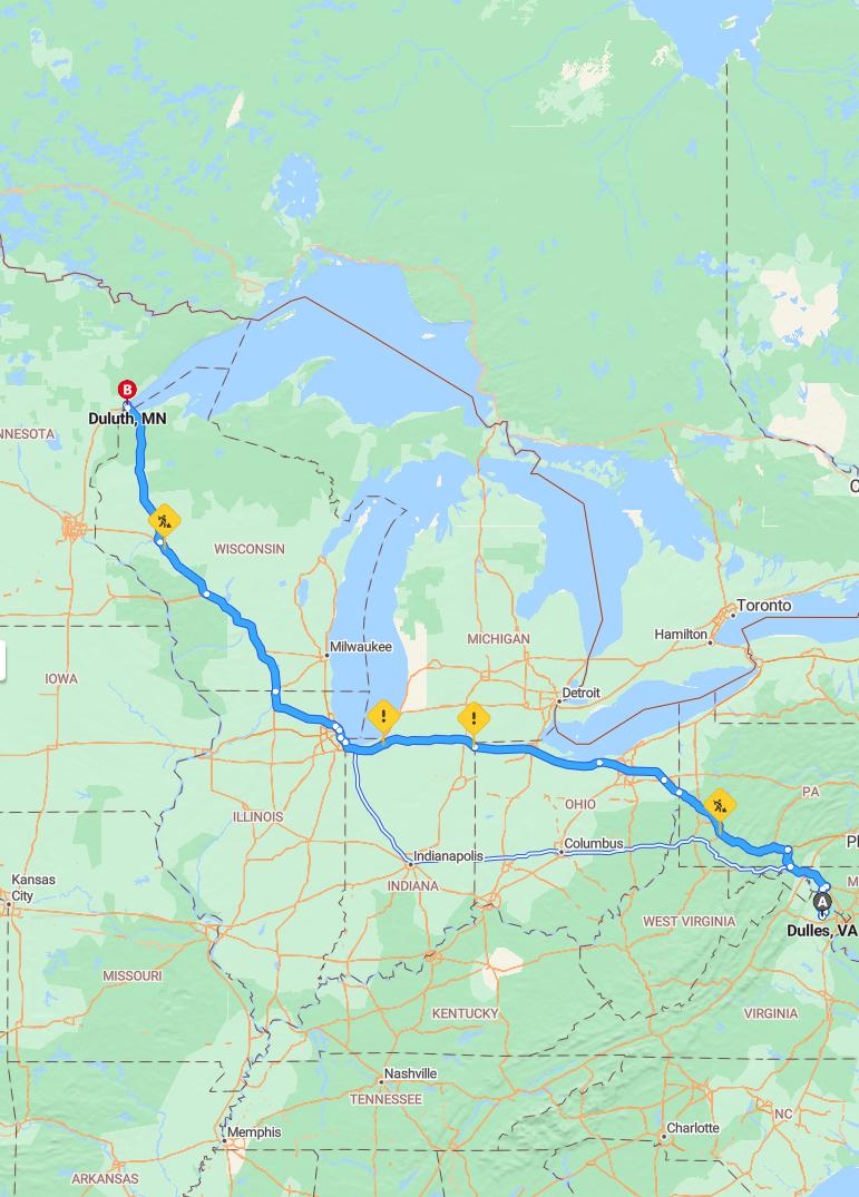 driving from Dulles, Virginia to DuluthMinnesota - map and route