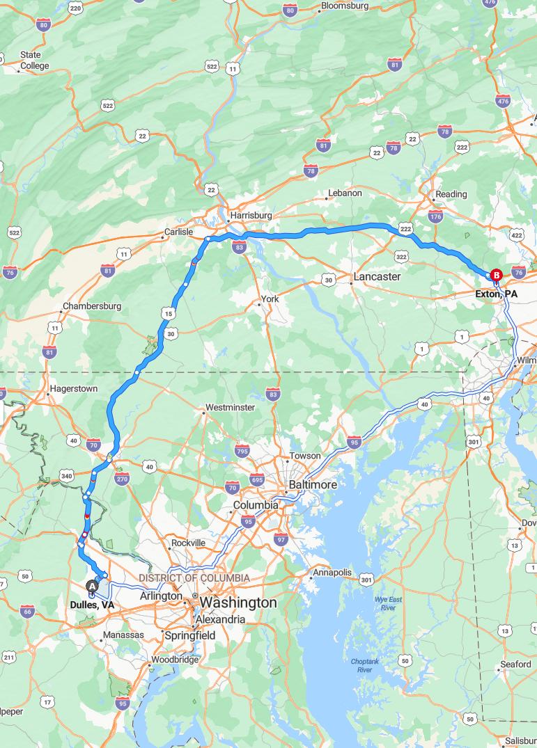 driving from Dulles, Virginia to ExtonPennsylvania - map and route