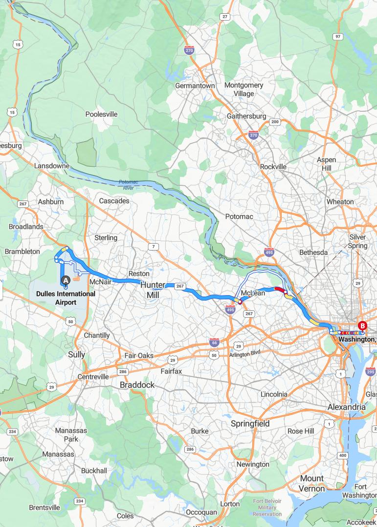 driving from Dulles, Virginia to WashingtonDistrict of Columbia - map and route
