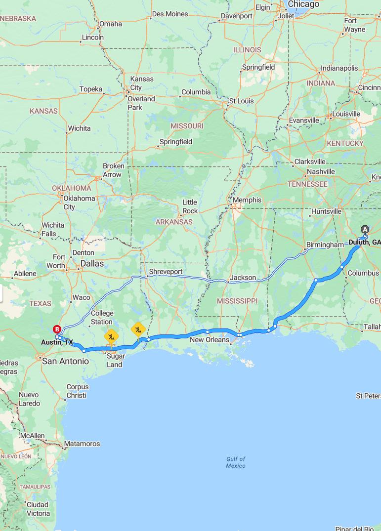 driving from Duluth, Georgia to AustinTexas - map and route