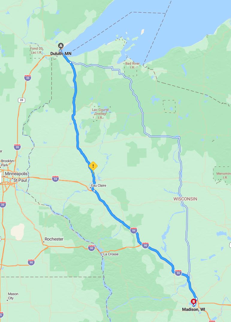 driving from Duluth, Minnesota to MadisonWisconsin - map and route
