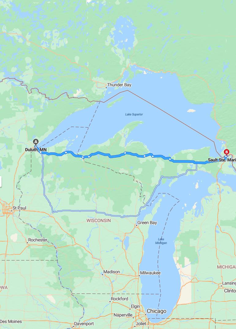 driving from Duluth, Minnesota to Sault Ste. MarieMichigan - map and route