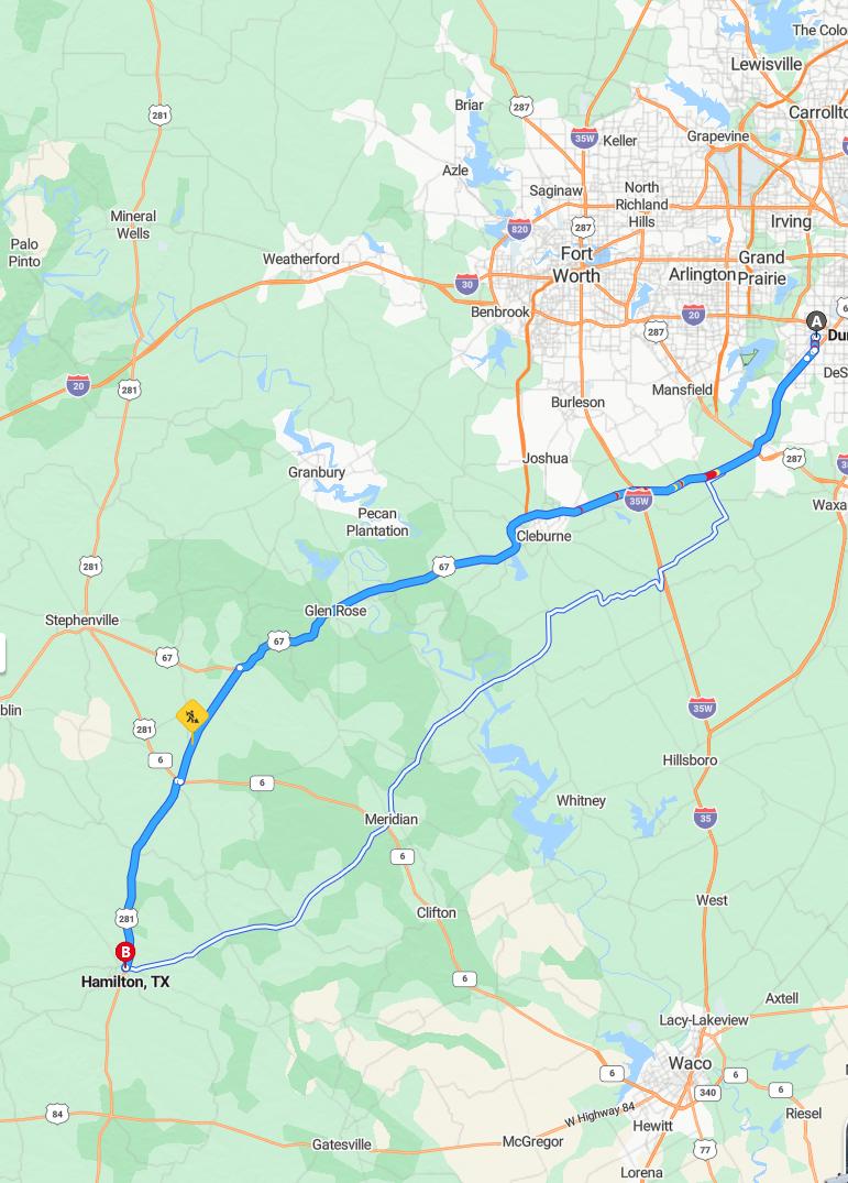 driving from Duncanville, Texas to HamiltonTexas - map and route
