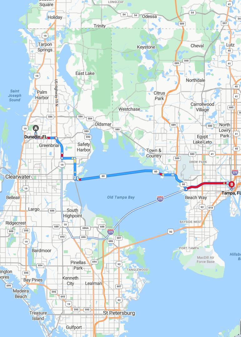 driving from Dunedin, Florida to TampaFlorida - map and route