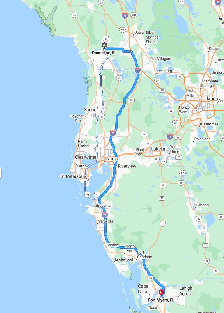 driving from Dunnelin, Florida to Fort MyersFlorida - map and route