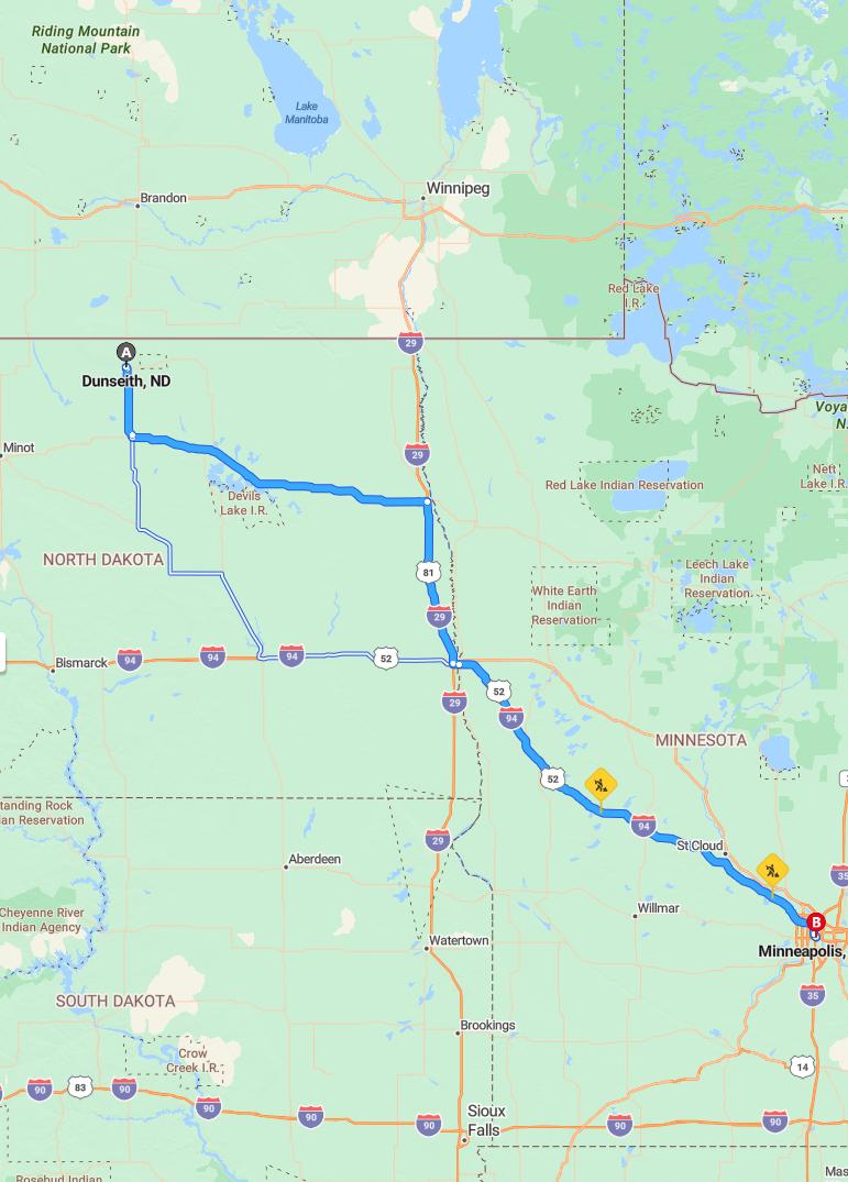 driving from Dunseith, North Dakota to MinneapolisMinnesota - map and route