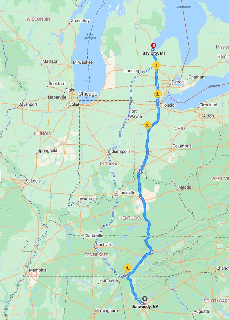 driving from Dunwoody, Georgia to Bay CityMichigan - map and route