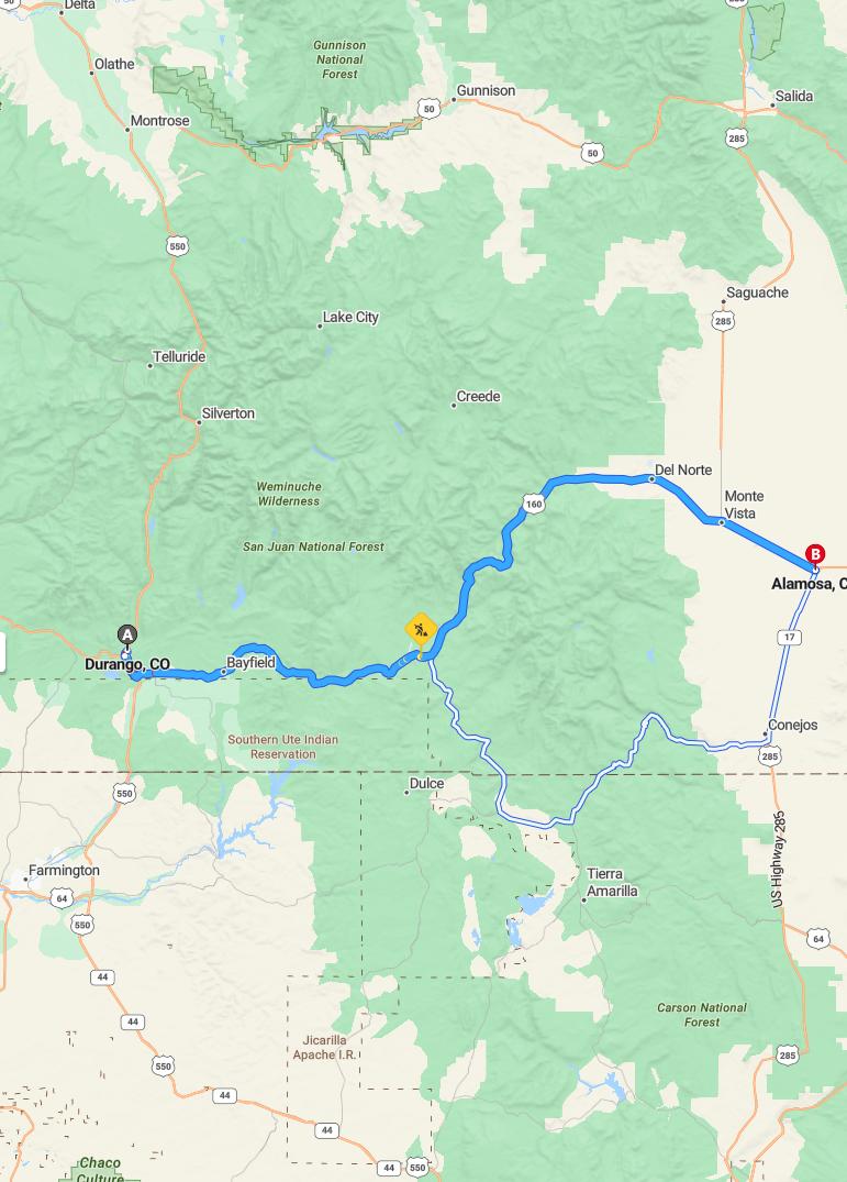 driving from Durango, Colorado to AlamosaColorado - map and route