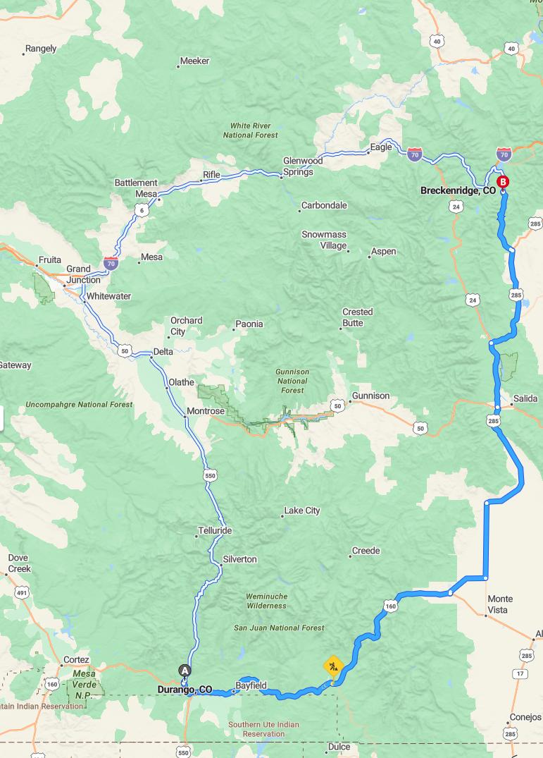 driving from Durango, Colorado to BreckenridgeColorado - map and route