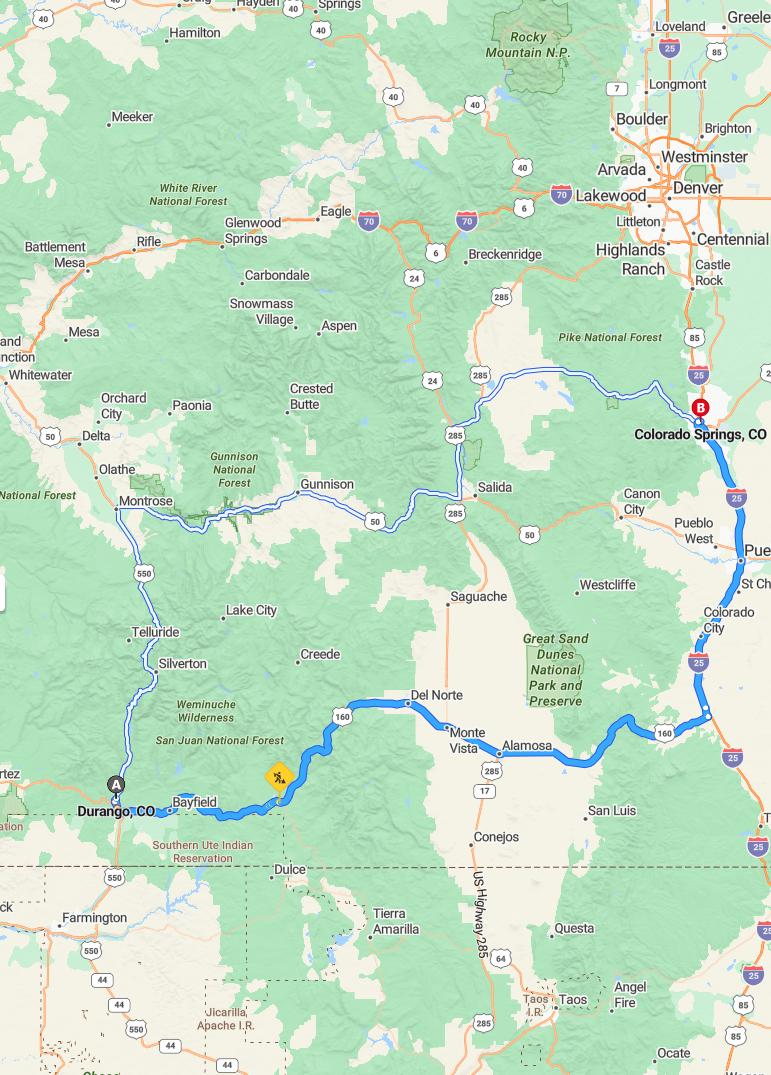 driving from Durango, Colorado to Colorado SpringsColorado - map and route