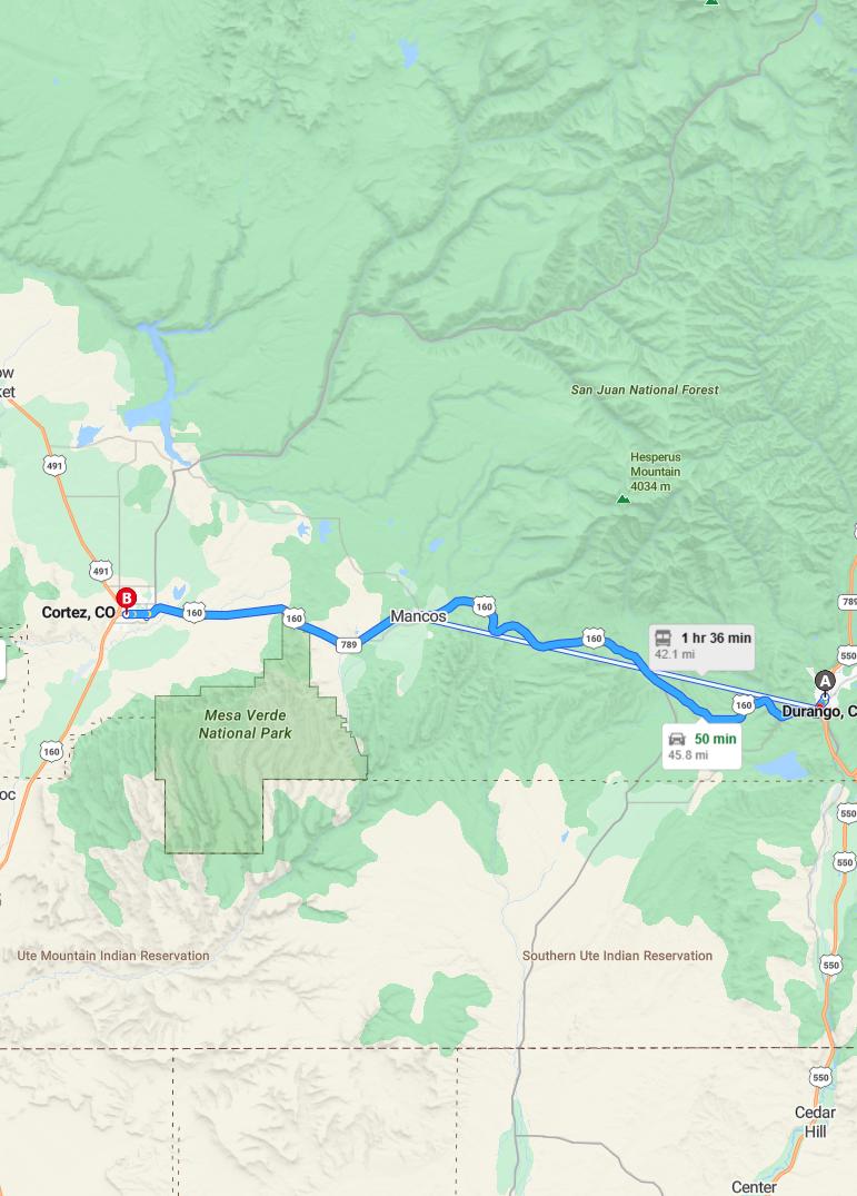 driving from Durango, Colorado to CortezColorado - map and route