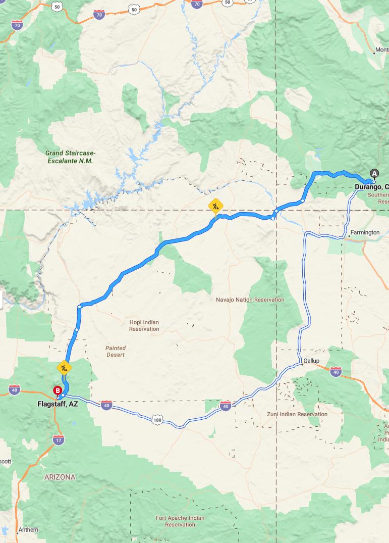 driving from Durango, Colorado to FlagstaffArizona - map and route