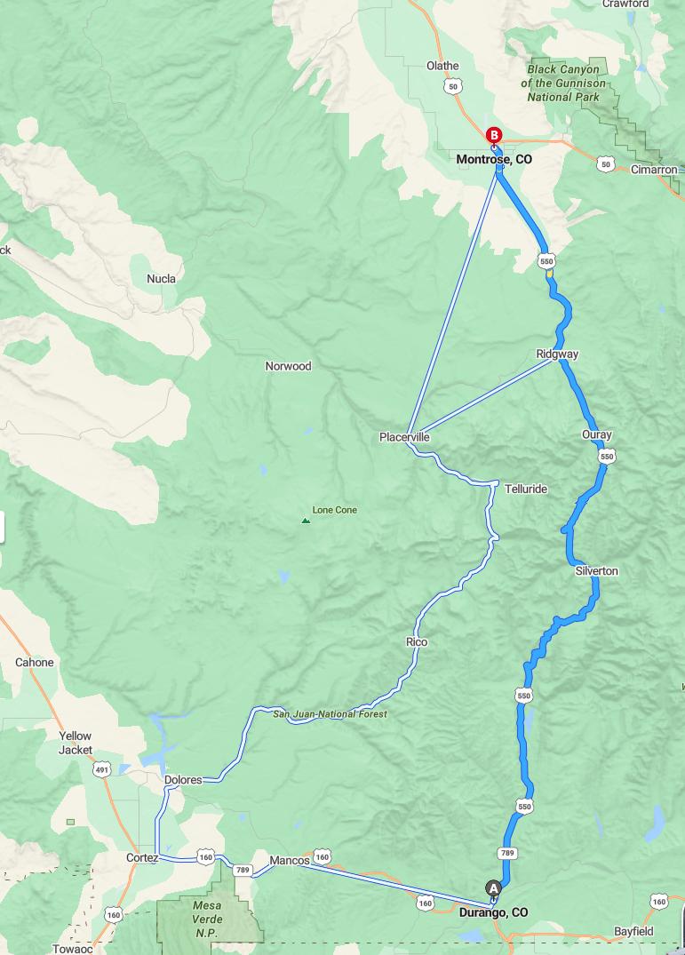 driving from Durango, Colorado to MontroseColorado - map and route
