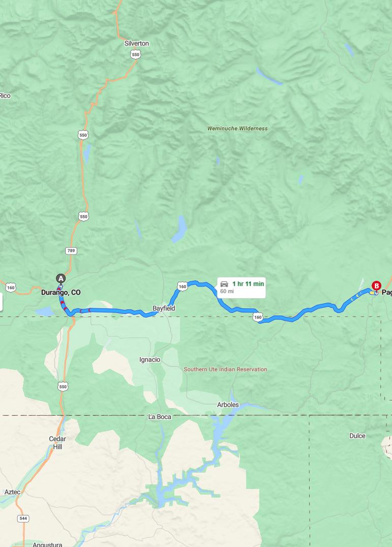 driving from Durango, Colorado to Pagosa SpringsColorado - map and route